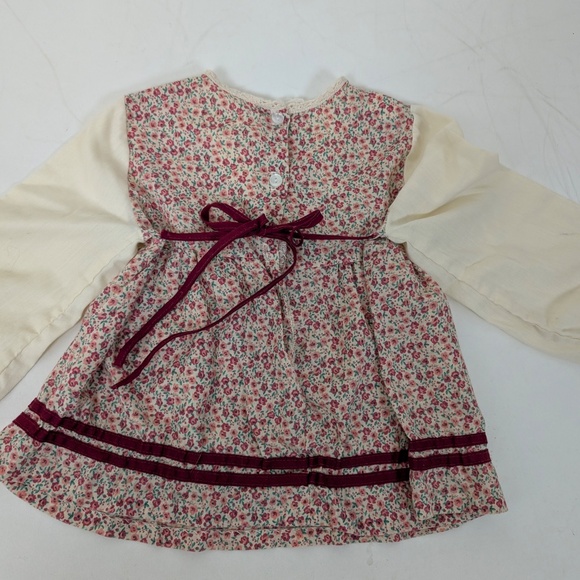 70s Floral Apron Blouse Red Trim Long Sleeve Front Tie Bow Peasant Milkmaid - Picture 6 of 8